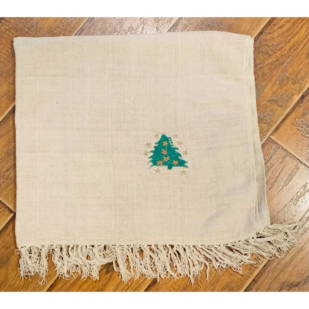 Christmas Blanket Throw Homespun Beige Oatmeal Tree Stars Tassels Light Decor